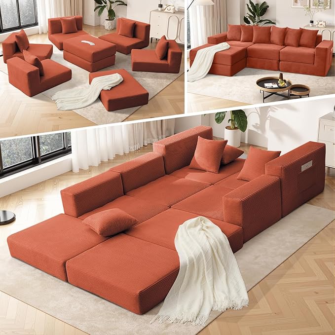 102 Upgraded L-shaped Modular Sectional Couches for Living Room Convertible Oversized Sleeper Sofa Bed-Luxury 1.5 Queen Bed. 11-in-1 Multifunctional Corduroy Boneless Folding Futon Couch Orange.