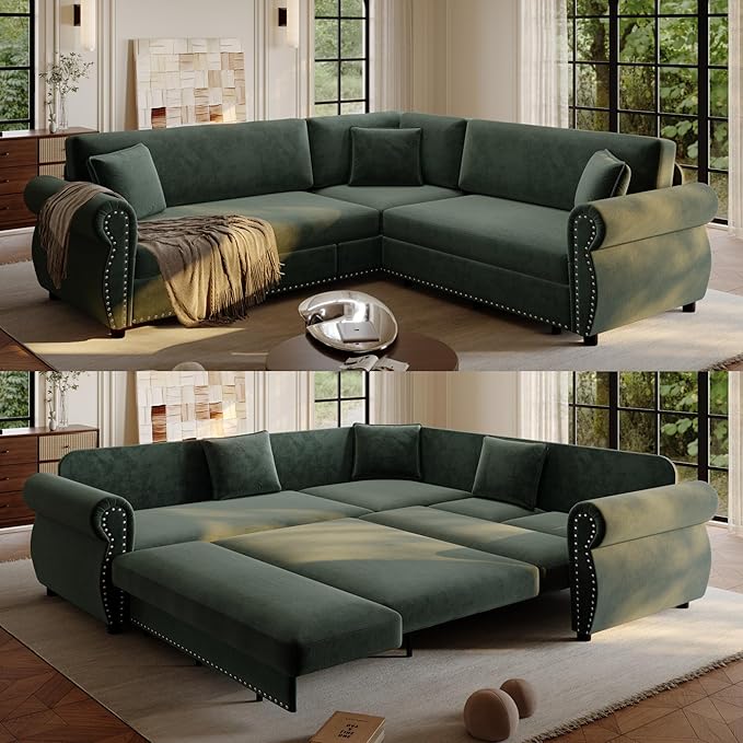 88.2 Sleeper Sofa Bed Sectional Couches for Living Room/Apartment Chenille L Shaped Couch with Pull Out Couch Bed Convertible Sectional Sofa with Rolled Arm &amp Nailhead Trim Green