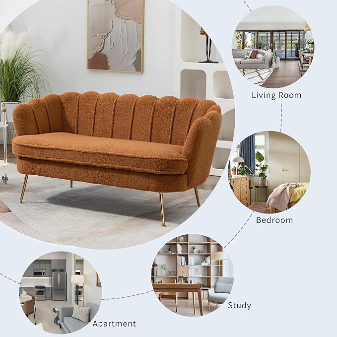 59 Modern Boucle Loveseat Couch Small Sofa with Gold Metal Legs2-Seater Upholstered Mini Sofa Couches for Small SpaceLiving Room Bedroom Office Dorm Studio Apartment (Caramel)