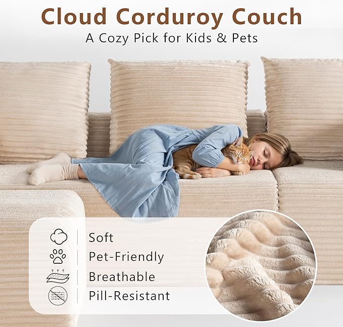 Boneless Couch Cloud Couch Sectional 106 L-Shape Modular Sectional Sofa with Ottoman Corduroy Sofa for Living Room Bedroom No Assembly Required Beige