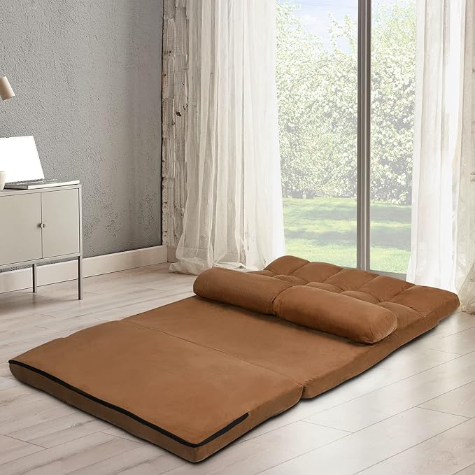 GOFLAME Convertible Floor Sofa 6-Position Couch with 2 Removable Pillows &amp Thick Sponge Cushion Load 330LBS Adjustable Lazy Sofa Bed for Living Room Bedroom (Brown)
