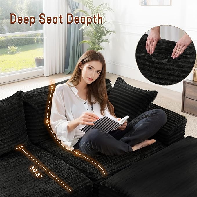 110 L-Shaped Modular Sectional Sofa with Chaise Boneless Comfy Corduroy Fluffy Couch with Deep Seat and Side Pockets Flexible Module Combination for Living Room No Assembly Side Pockets