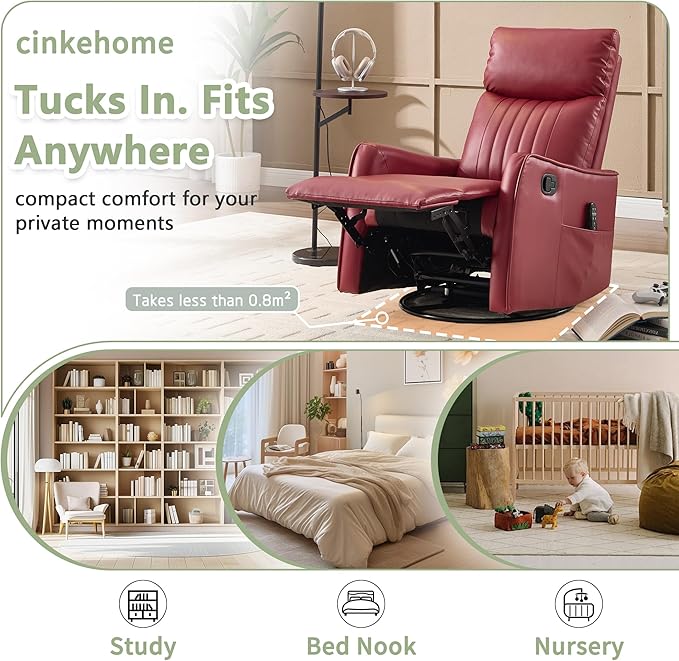 cinkehome Heated Massage Swivel Rocker Recliner Chair for Nursery - Small Space Reclining Chair with Lumbar Support 360° Swivel &amp Gentle Rocking Ergonomic High Back Faux Leather Red