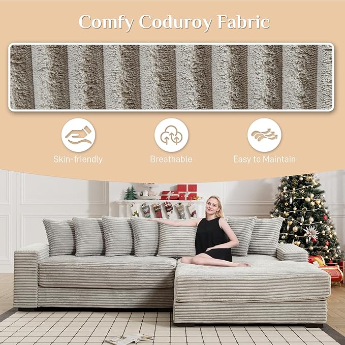 Comfy L Shaped Sectional Couches for Living Room 111 Oversized Modular Sectional Sofa with Chaise Lounge Modern Fluffy Plush Corduroy Couch with 8 Pillows (Right Facing Grey)