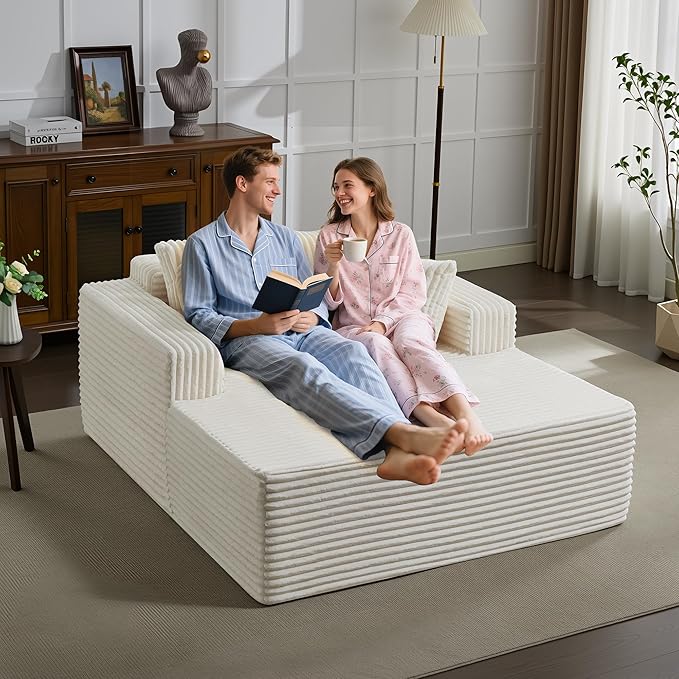 Oversized Chaise Lounge Chair Indoor 61 D x 54 W 2‑Person Comfy Cloud Boneless Couch Corduroy Foam No Assembly Required Sofa Bed with 4 Pillows &amp Armrests for Living Room &amp Bedroom