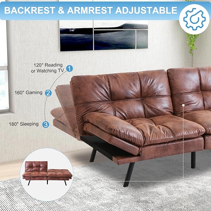 MUUEGM Futon Sofa Bed Couch Sofa Memory Foam Futon Sleeper Sofa Loveseat Convertible Couch Bed for Small Compact Spaces Apartment Brown