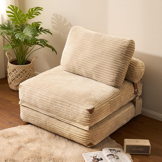 Folding Sofa Bed Convertible Sleeper Chair with Pillow Foldable Mattress Lounge Chair for Living Room Bedroom Portable Guest Bed Beige