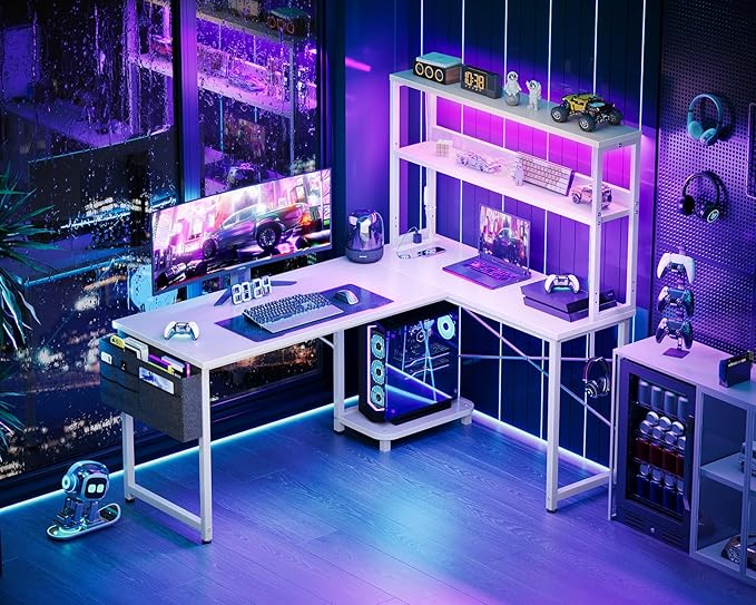 AODK L Shaped Desk Gaming Desk with LED Light &amp Power Outlet 53 Inch Reversible L Shaped Computer Table with Shelf Corner Desk with Storage Bag&ampHook for Home Office Desk White