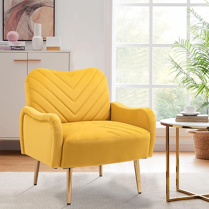 Velvet Accent Chair Comfy Upholstered Living Room Arm Chair Single Reading Sofa Chairs for Bedroom Office Small Spaces Waiting Room Furniture (Mustard Chair)