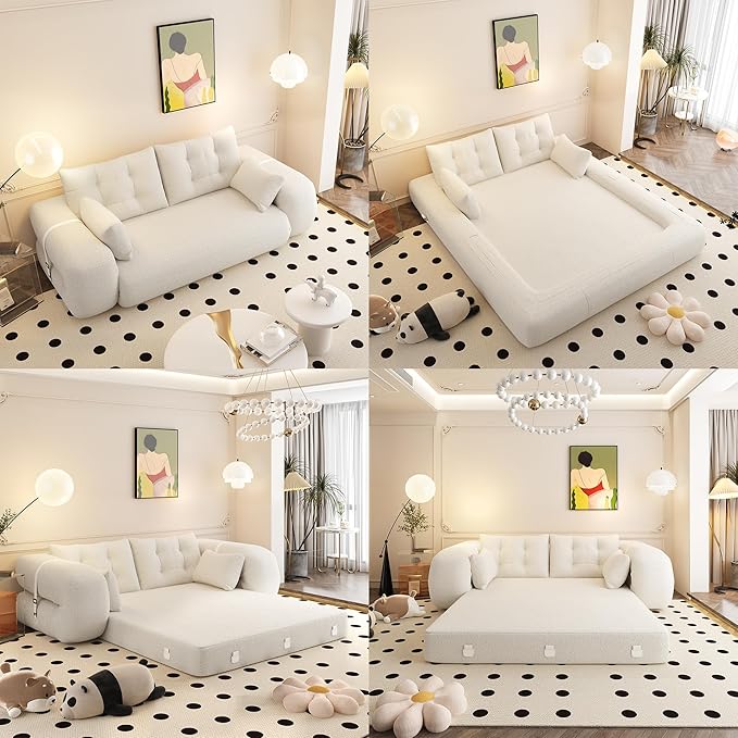 78.7 Convertible Folding Sofa Bed Queen Sleeper Sofa with Pillow Modern Teddy Fabric Futon Loveseat Couch High-Density Memory Foam Mattress for Living Room Guest Use Office Apartment White