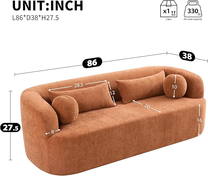 86 Curved Cloud Couch Curved SofaBoneless Couch Upholstered Sofa with Pillows No Assembly with High-Density Foam 3-Seater Luxury Modern Compressed Sofa ChenilleOrange