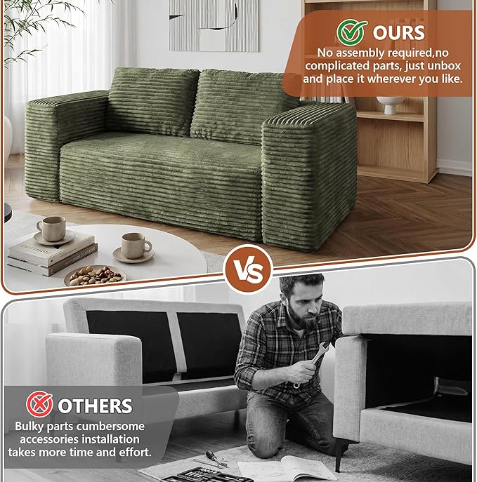 63 Boneless Cloud Couch Sofa 2 Seater Deep Seat Modern Lounge Sleeper Couch in a Box No Assemble Corduroy Compression Upholstered Small Couches for Small Spaces Apartment（Green）