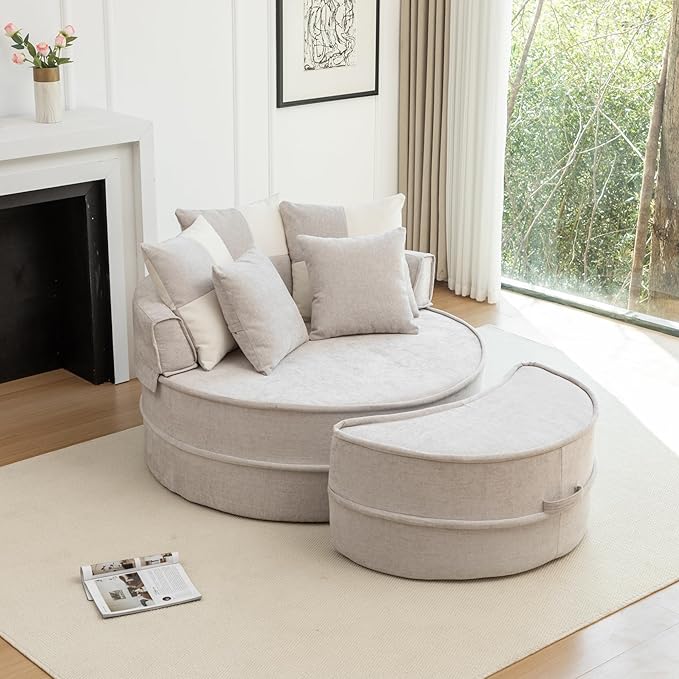 KEIKI Oversized Round Accent Barrel Chair with Ottoman &amp 5 Pillows - 64 Velvet Upholstered Reading Armchair Lazy Lounge Accent Chair for Living Room/Bedroom/Reading Room No-Sag Comfort Gray