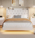 IDEALHOUSE Queen Size Bed Frame with LED Lights Floating Platform Bed with Velvet Upholstered Storage Headboard No Box Spring Needed Noise Free Easy Assembly