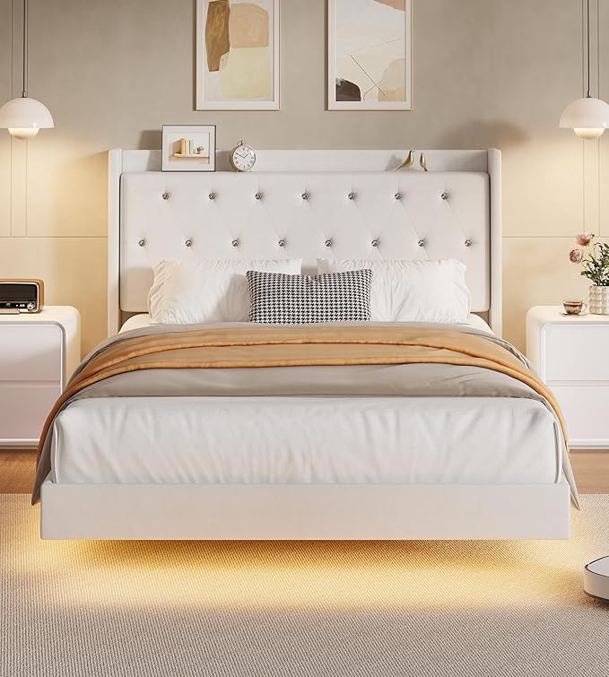 IDEALHOUSE Queen Size Bed Frame with LED Lights Floating Platform Bed with Velvet Upholstered Storage Headboard No Box Spring Needed Noise Free Easy Assembly