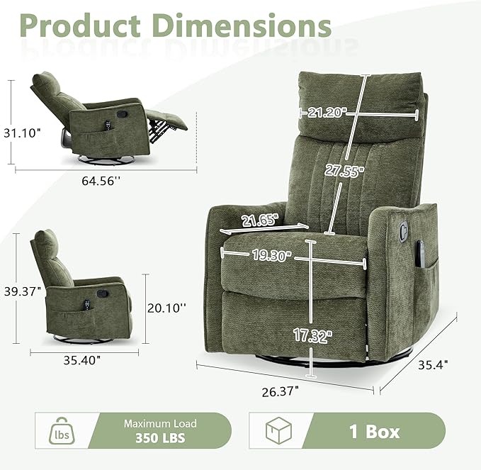 cinkehome Swivel Rocker Recliner Glider Rocking Recliner Chair for Nursery Manual Reclining Chair with Heated Massage Small Spaces Living Room Olive Green Chenille