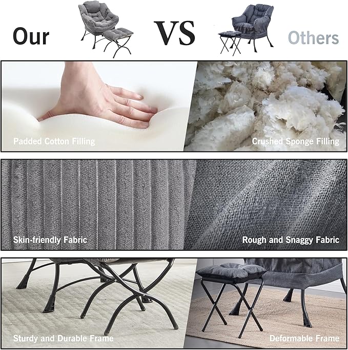 HOMEFUN Lazy Chair with Ottoman Bedroom Chairs for Adults Modern Lounge Accent Chair with Armrests Ergonomic Footrest for Small Spaces Comfy Reading Chair for Living Room Bedroom Office Grey