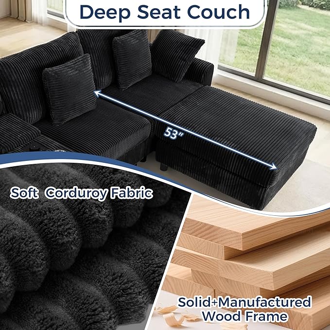 144 Corduroy U-Shaped Sectional Sofa w/Speakers &amp USB Charging Comfy Reclining Deep Seat Couch w/Ottoman Cup Holders for Living Room Home Theater (Black 144in)