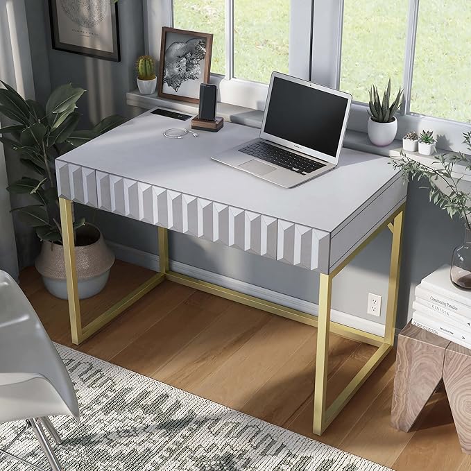 24/7 Shop at Home Bellevue Modern Metal 1 Drawer Writing Desk with USB Port Power Outlet for Workstation Home Office Study Room Antique White and Gold
