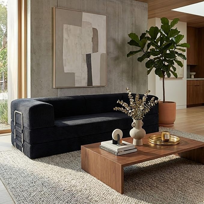 TUFT&ampFINCH 82 Folding Convertible Sofa Bed – 5 in 1 Modular Corduroy Boneless Couch for Living Room Pet-Friendly Cloud Couch Removable Washable Covers CertiPUR US Foam - Black