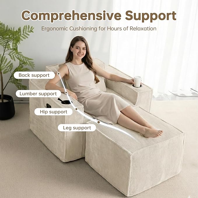 Cloud Single SofaComfy Lounge Chair with Elevated Seat Height Cup Holder &amp Side PocketNo Assembly Required Foam Couch for Small Space Bedroom Office Apartment (White with Ottoman)