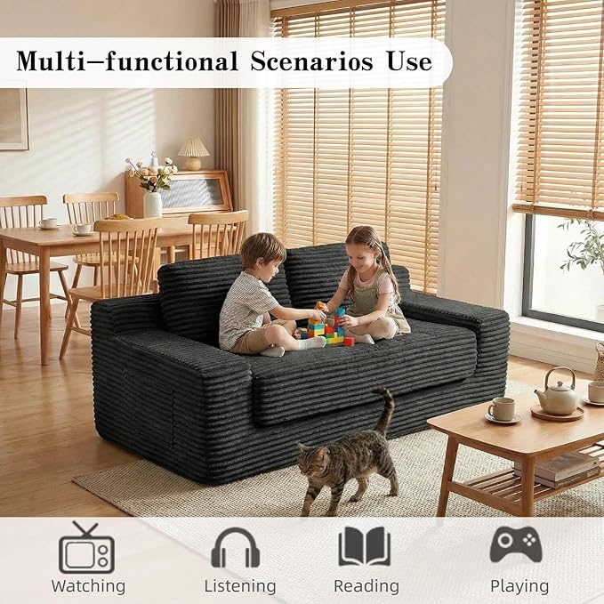 71 Corduroy Cloud Loveseat Sofa Bed Pull Out Convertible 2-in-1 Boneless Couch Deep Seat 2-Seater Design No Assembly Floor Sofa with Side Pockets for Living Room Bedroom Apartment (Black) | Pul