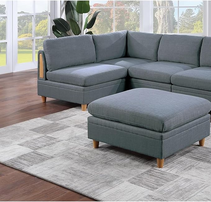 Living Room Seating Set: Contemporary Armless Chair in Steel Color Fabric - 1 Piece - Wooden Deco Base