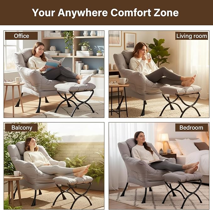Welnow Lazy Chair with Ottoman Modern Accent Chair with Armrests and a Side Pocket Leisure Sofa Armchair Reading Armchair with Footrest for Small Space Light Grey