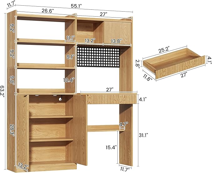63 Tall Computer Desk with Hutch Fluted Wood Home Office Desk with Charging Station Drawer &amp Storage Cabinet Oak Workstation for Work &amp Study