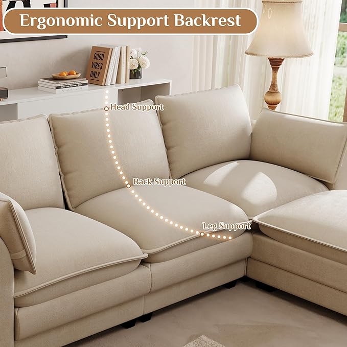 Cloud Couch Sectional Sofa 103.6 Comfy L Shape Sectional Couches for Living Room Modern Chenille 4 Seat Cloud Sofa Deep Seat Modular Couch with Movable Ottoman for ApartmentLight Brown