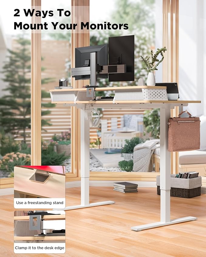 FiCiHi 40x24 Inch Standing Desk with Drawers C-Clamp Mount Compatible Electric Adjustable Height Computer Small Stand Up Desks Home Office Sit Stand Table with 3 Preset Heights Maple