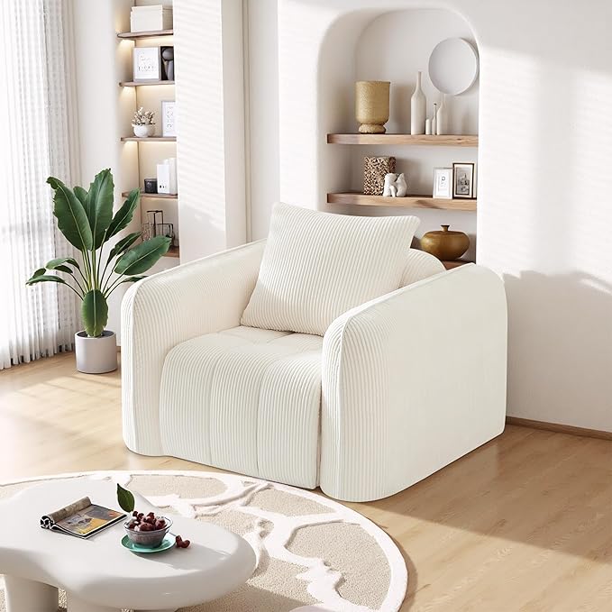 Bean Bag Chair for Adults Boneless Accent Chair Single Sofa Couch Chair Cozy Corduroy Arm Chair for Living Room Lounge Floor Memory Foam Couches for Small Spaces Bedroom Apartment White