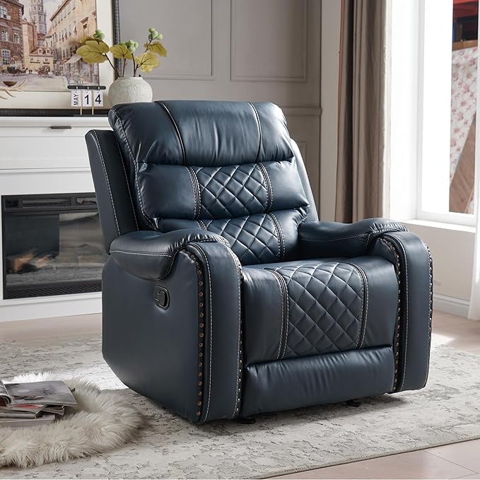 Manual Rocking Recliner Chair 36 Wide Black PU Leather with Diamond Stitching 350 lbs Capacity 90-165° Recline (Blue)