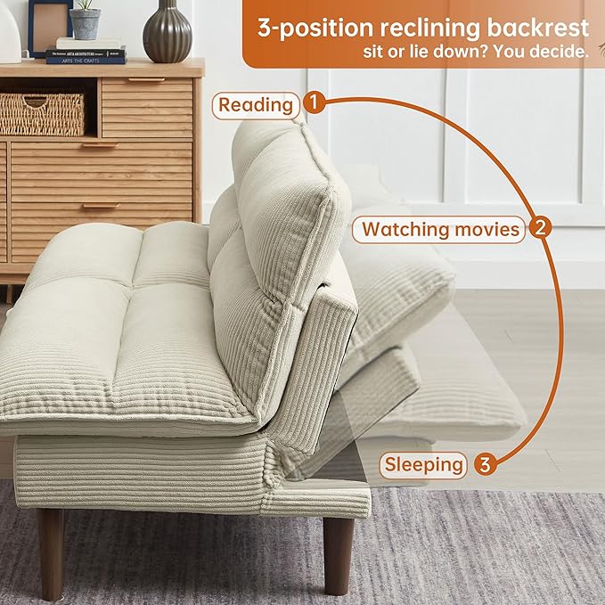 Convertible Sofa Bed 72″ Fabric Couch with Adjustable Backrest Loveseat Recliner Sleeper Living Room Furniture futon Set for Apartment Small Space Beige