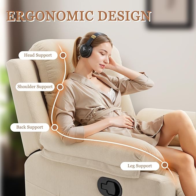 Recliner Chair Small Recliners for Small Spaces Upholstered Manual Recliner with Side Pockets Comfy Corduroy Chairs for Living Room Bedroom Reading Beige