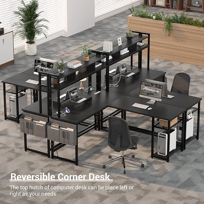Aheaplus L Shaped Desk with Power Outlet &amp LED Strip Reversible L-Shaped Corner Computer Desks Gaming Desk with Storage Shelf &amp Monitor Stand Modern 2 Person Home Office Desk Writing Desk