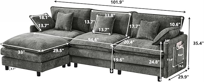 KEIKI 101.9 Modular Sectional Sofa with Movable Ottoman 3 Seat Modern Sofa Set L-Shape Sectional Couches for Living Room Apartment Gray