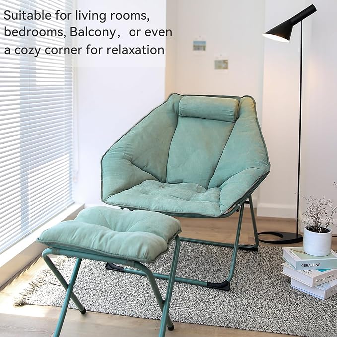 Hexagon Foldable Living Room Chair Saucer Chair for Adults Comfy Bedroom Lounge Chair Moon Chair Lazy Folding Chair for Dorm Rooms(Ottoman-Green)