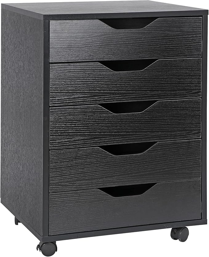 SUPER DEAL 5 Drawer File Cabinet for Home Office Wood Under Desk Filing Cabinet Mobile Printer Stand Rolling Storage Organizer with Lockable Casters for Apartment Small Spaces Black