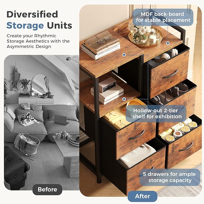 DUMOS 5-Drawer Chest of Drawers with Raised Shelf Storage Tower with Fabric Bins for Closet Organization Hallway Storage Brown