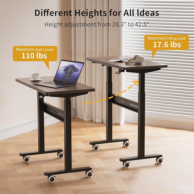 Mobile Standing Desk with Wheels 32 inch Pneumatic Height Adjustable Desk for Walking Pad Small Rolling Computer Workstation Portable Sit Stand Desk for Home Office 28-43 Tall Mahogany