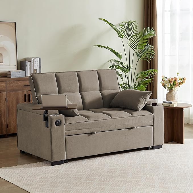 Eafurn Convertible Sleeper Sofa Bed with 360° Swivel Table &amp USB Ports Tufted Chenille Loveseat Pull-Out Couch with Storage Armrest &amp Cup Holders 6-Level Adjustable Backrest