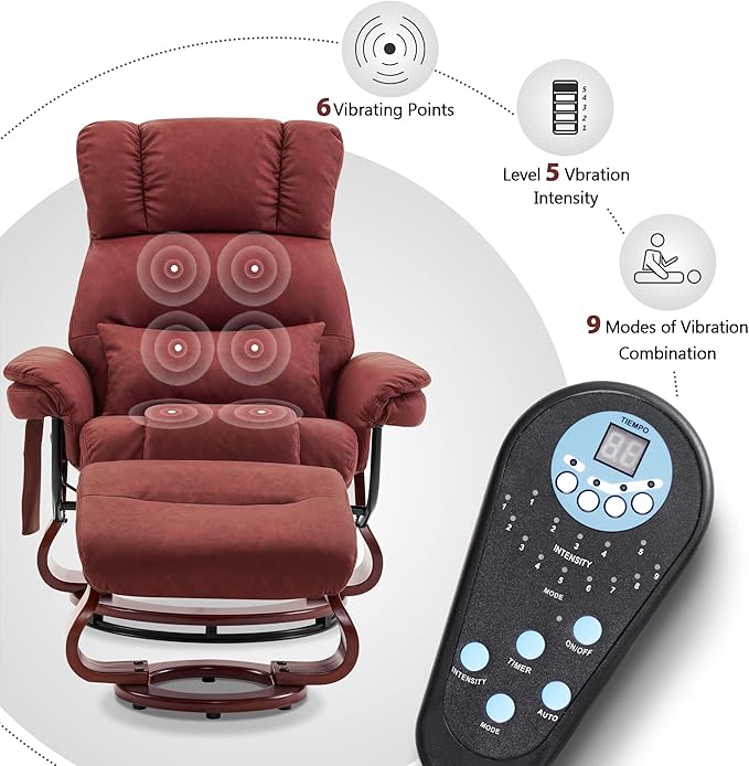 MCombo Swivel Recliners with Ottoman Reclining TV Chairs with Vibration Massage Faux Leather Ergonomic Lounge Chair for Living Room Bedroom 4832 (Burgundy)