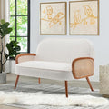 WENTMENT Loveseat Sofa Small Couch for Living Room Teddy Love Seat with Natural Rattan Armrest and Solid Wooden Legs Small Sofa for Small Space Bedroom Apartment（White）