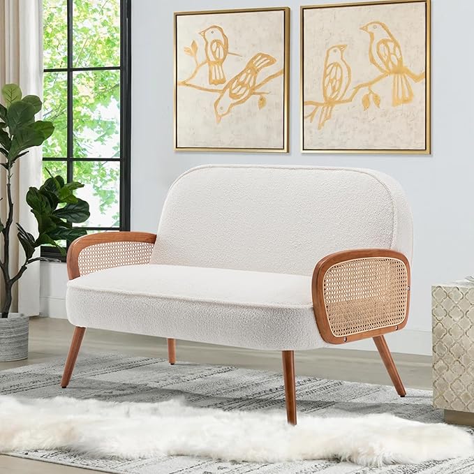 WENTMENT Loveseat Sofa Small Couch for Living Room Teddy Love Seat with Natural Rattan Armrest and Solid Wooden Legs Small Sofa for Small Space Bedroom Apartment（White）