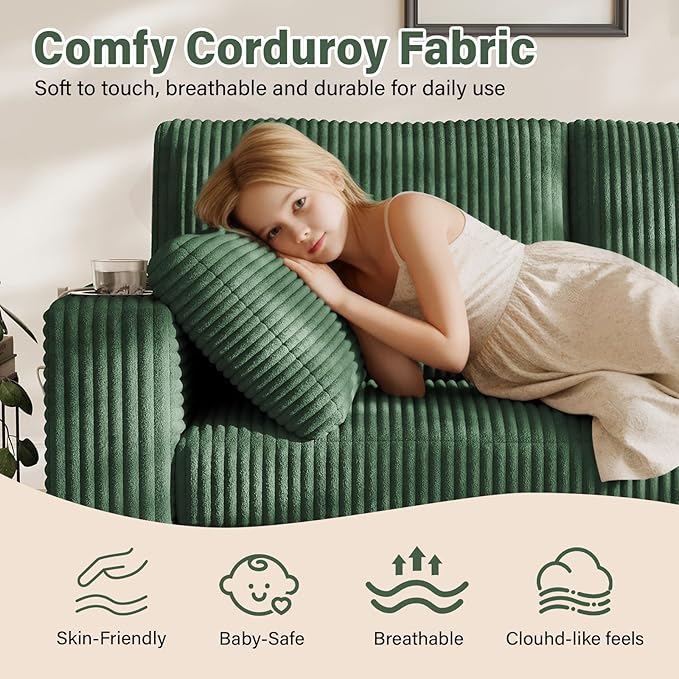 OUYESSIR 82 Loveseat Sofa for Living RoomModern Sofa with USB Charging Ports &amp Cup HoldersComfy Corduroy Couch with Upholstered Cushion3 Seater Deep Seat Couch for Small SpaceBedroom Green
