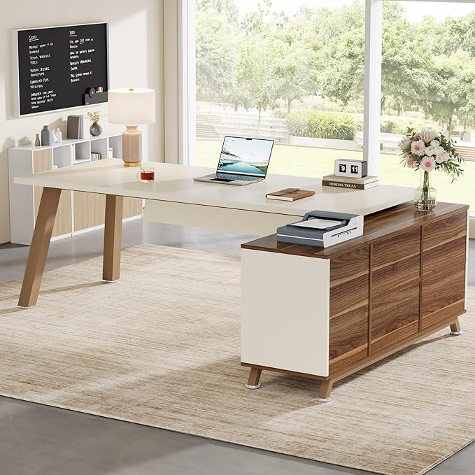 Tribesigns 78.7-Inch Executive Desk L-Shaped Desk with 55-Inch Cabinet Large Office Desk with Storage Shelves Modern Computer Desk for Home Office White &amp Walnut