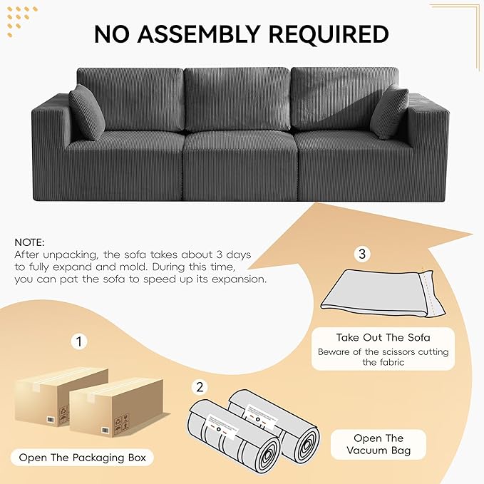 115'' Comfy Boneless Couch Upholstered Deep Seat Modular Cloud Sofa No Assembly Corduroy Compression 3 Seater Sofa Couch for Living Room Grey
