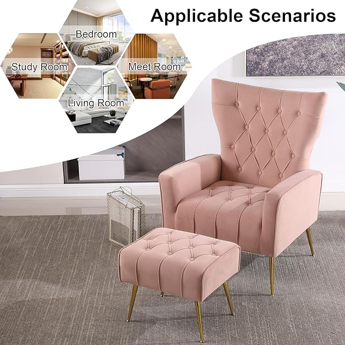 ODUWA Velvet Accent Chair with OttomanModern Accent Chairs with Armrests and BackrestButton Tufted ChairSingle Recliner Armchair with Ottoman for Living Room Bedroom Office