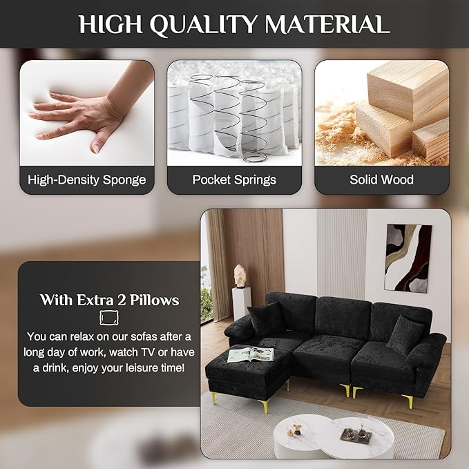 L Shaped Sectional Sofa Couch 91 Comfy Velvet Upholstered 3 Seat Sofa Set with Convertible Ottoman &amp 2 Pillows Modern Deep Seat Cloud Couch for Living Room Apartment Black